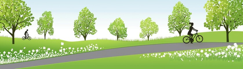 Cyclists on park path, trees, flowers, spring. Eco-friendly travel