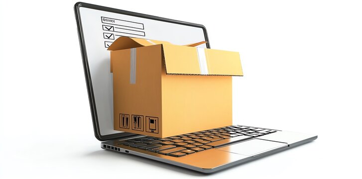 Online Package Delivery: Cardboard Box Emerging from Laptop Screen, Modern Minimalist Style