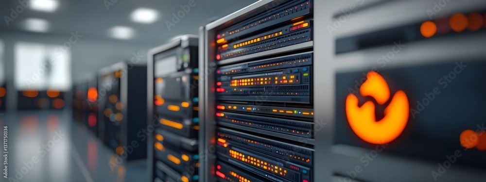 Poster advanced sleek chrome and glass server racks with glowing holographic control panels and futuristic 