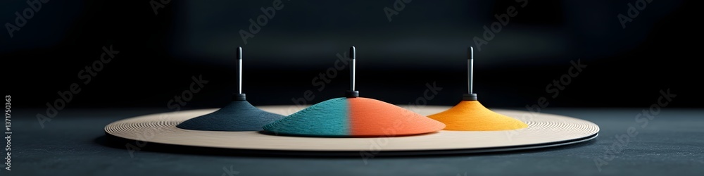 Poster an abstract 3d rendered of a drumhead vibrating at various frequencies creating a dynamic and colorf