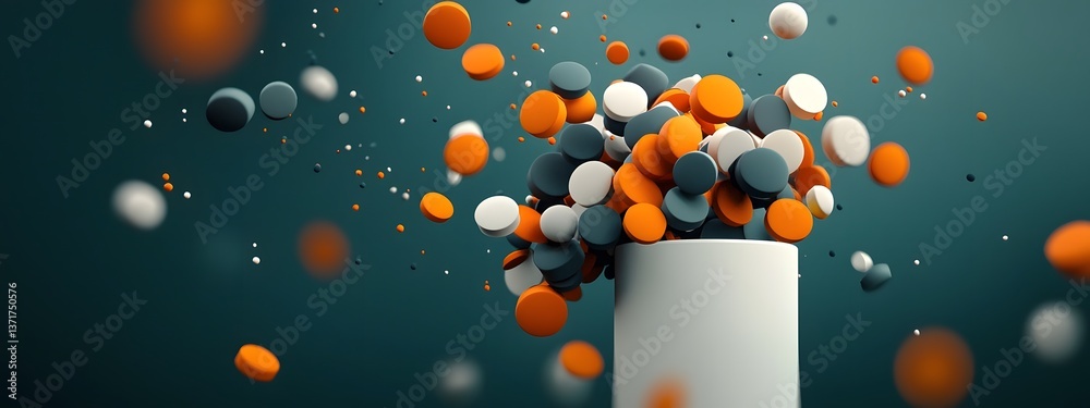 Poster an abstract digital depicting the dynamic and scattered pattern of spherical particles representing 
