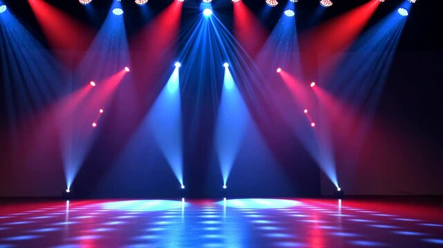 Colorful spotlight setup for a performance in a theater, highlighting the stage area with vibrant lighting effects and reflections on the floor