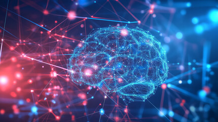 Fototapeta premium Digital brain with connected nodes and glowing lights in a network of blue and red colors