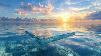 Naklejka premium stunning glass podium appears to float above tranquil water, reflecting vibrant colors of sunset and clouds above, creating serene and dreamlike atmosphere
