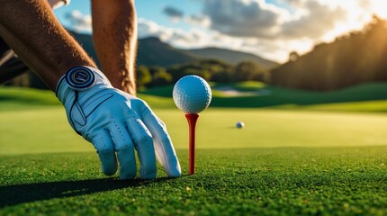 A golfer wearing a white glove places a golf ball on a red tee, preparing for a powerful swing on a vibrant green course under the morning sunlight.