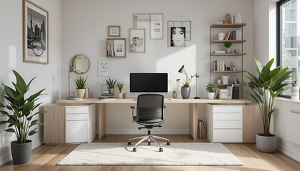 A modern and ergonomic home office setup with minimalistic decor