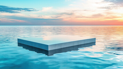 serene podium floats on calm water under vibrant sunset sky, creating tranquil and reflective atmosphere that invites contemplation and inspiration