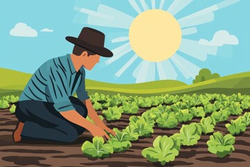 Morning Planting: A Farmer Sows Lettuce by Hand in a Sunlit Field