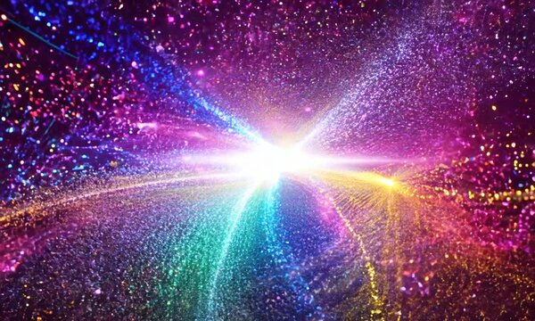 Bright multi-colored particles fill the space with jets of energy and light. Shiny colorful abstract background for bright festive decoration