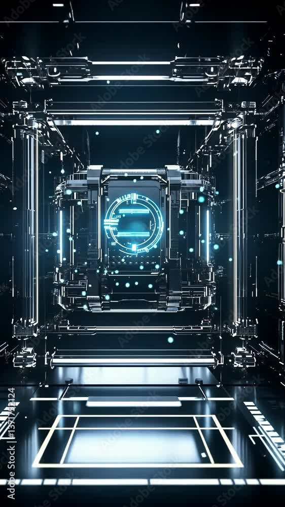 Poster futuristic digital environment with glowing elements and intricate structures in a dark setting