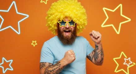 crazy tattooed man with red beard and yellow clown wig dances wildly in starry glasses against bright orange party background, radiating eccentric energy for bold event themes