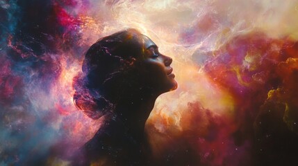 Silhouette of a woman with eyes closed, surrounded by vibrant colorful clouds.  Conceptual art.