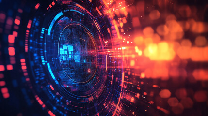 Fototapeta premium Abstract technology background with glowing blue and red lights and circular design elements