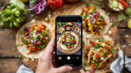 Person taking photo of tacos with smartphone