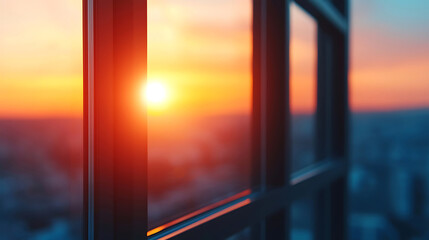 A dramatic sunset viewed through the grid of a modern window, casting a warm glow across the urban skyline, and creating a tranquil yet captivating image. 