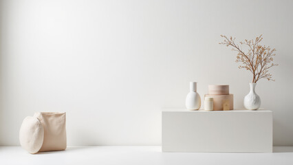 Minimalist decor with soft colors, featuring vases and decorative items on white pedestal, creating serene atmosphere