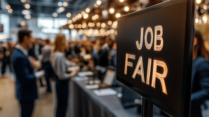 Job fair sign at busy career event
