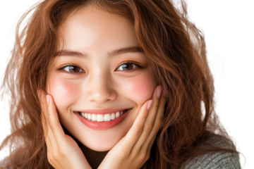 portrait of young asian beautiful smiling female touching cheeks with fingers as if applying skincare cream