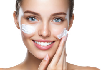 portrait of young asian beautiful smiling female touching cheeks with fingers as if applying skincare cream