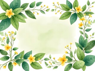Watercolor Floral Frame Yellow Flowers and Green Leaves Design, Elegant Botanical Border.