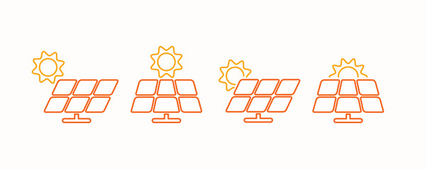 Solar panel icons with sun in different positions, outline vector style, symbol of renewable energy and solar power.