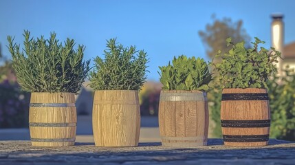 Rustic Wooden Barrel Herb Planters  Garden Decor  Spring Herbs  Rosemary  Thyme  Mint