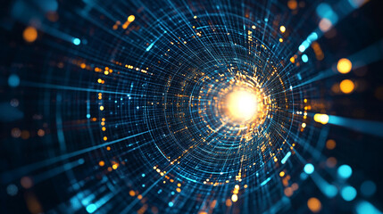 Obraz premium Abstract digital tunnel with glowing light at the end and blue and orange particle effects