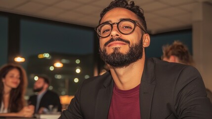 Confident Young Businessman in Modern Office at Night