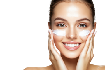 portrait of young asian beautiful smiling female touching cheeks with fingers as if applying skincare cream