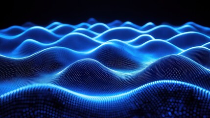 Naklejka premium Abstract Blue Waves of Light with Digital Dots on Dark Background