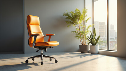 modern orange office chair is positioned in bright room with large windows, showcasing serene indoor plant