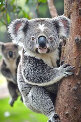 Koala and joey in eucalyptus tree.
