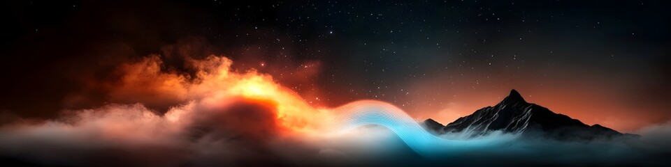 Fototapeta premium Breathtaking panoramic view of a rugged mountain peak silhouetted against a vibrant sky filled with dramatic clouds and warm sunset colors