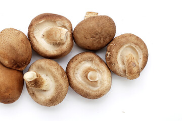 Fresh shiitake mushrooms on white background.