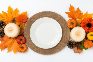 A beautifully set Thanksgiving table with autumn-themed decorations, candles, and fall leaves