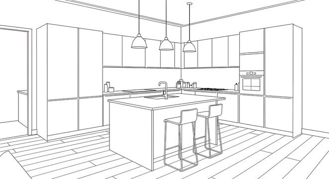 Line art illustration of a modern kitchen with cabinets, countertop, sink, stove, bar stools, and pendant lights.