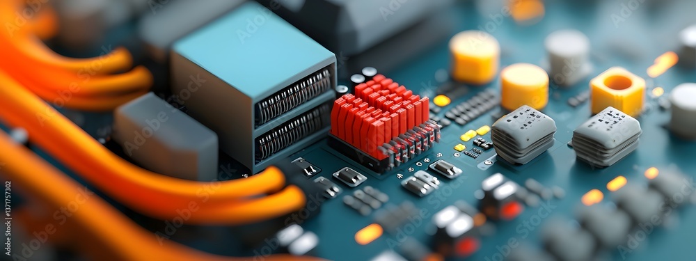 Poster detailed image of a complex digital circuit board featuring various server components data cables an