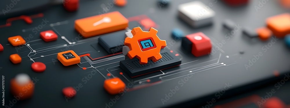 Poster detailed image depicting a minimalist yet highly engineered digital technology system with a focus o