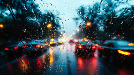Rainy Night City Traffic: A Captivating View from the Car