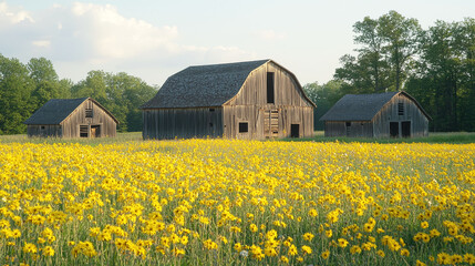 Rustic Wooden Barns in a Vibrant Yellow Flower Field