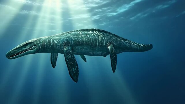 Marine reptile swimming gracefully in deep ocean waters illuminated by sunlight beams