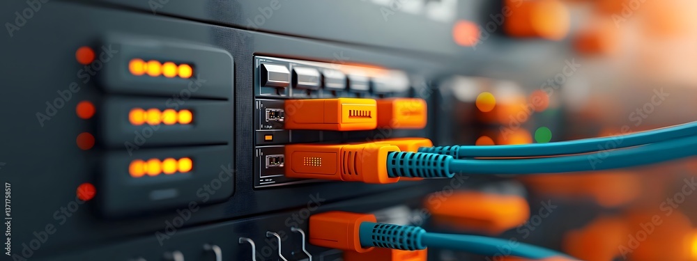 Poster futuristic server racks with glowing panels complex network cables and sleek ultramodern interface f