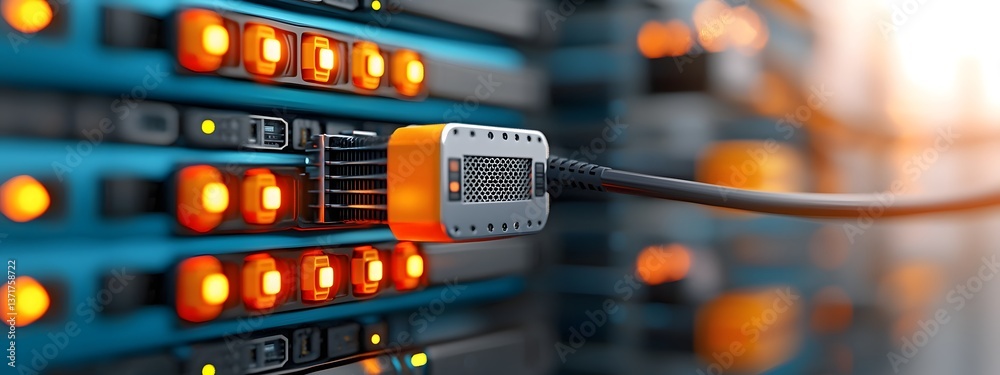 Poster intricate network of interconnected server racks pulsing with indicator lights showcasing the advanc