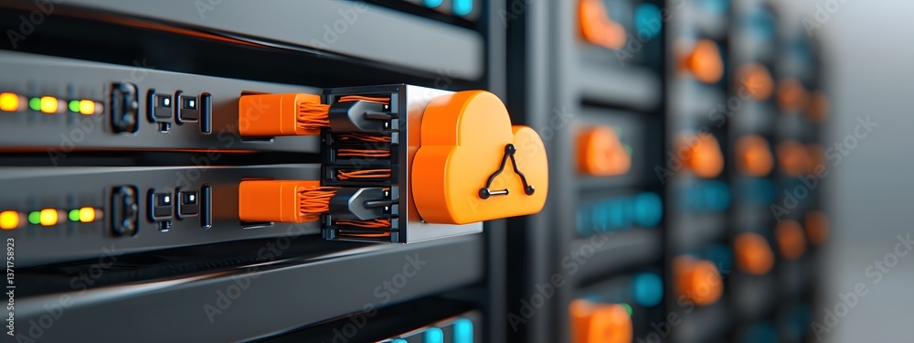 Poster modern data center server technology with rows of sleek black server racks blinking indicator lights