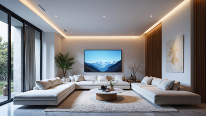 Modern living room with large sectional sofa, minimalist decor, and scenic mountain view wall mounted TV, creating serene