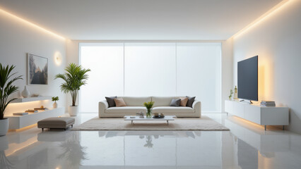 Modern living room with minimalist design, large windows, and elegant decor, creating serene atmosphere