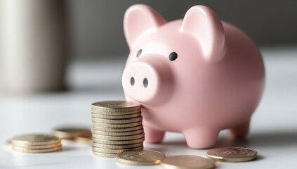 Pink Piggy Bank Surrounded By Gold Coins On White Surface