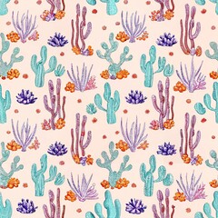 Seamless pattern, pattern, watercolor, botanical illustration of desert plants, blooming desert watercolor, desert watercolor landscape