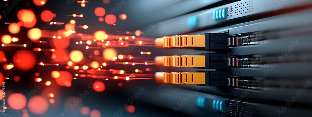 Poster sleek and modern server rack system with glowing circuit board patterns and vibrant pulsing data str