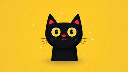 Cute cartoon black cat with bright yellow eyes against a vibrant yellow background.